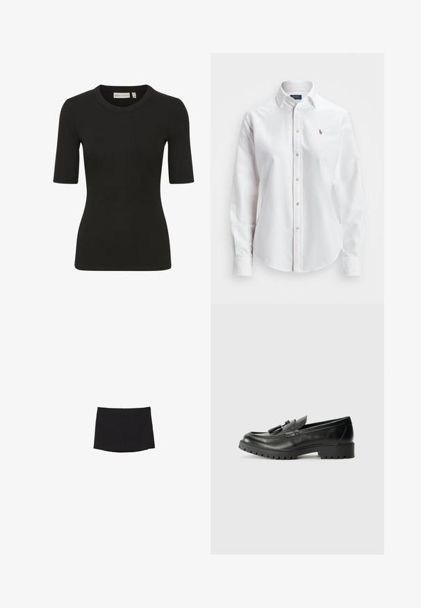 Crna rebrasta majica s okruglim izrezom i kratkim rukavima. Tkanina ima teksturirani izgled, pružajući prilagođeni siluetu.; Bijela košulja dugih rukava s dugim gumbima, izrađena od pamuka, s klasičnim ovratnikom i malim izvezenim logotipom na prsima.; Crna mini suknja izrađena od glatkog, rastezljivog materijala; ima ravni kroj s suptilnim rubom i bez vidljivih zatvarača ili uzoraka.; Crne kožne mokasine s zaobljenim vrhom, istaknutim šavovima i teksturiranom gumenom potplatom. Sadrži dekorativne pribore na gornjem dijelu.