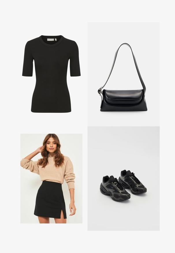Svart ribbad t-shirt med rund halsringning och korta ärmar. Tyget har en texturerad yta, vilket ger en figurnära silhuett.; Beige stickad tröja med ribbade manschetter, tillsammans med en svart miniskirt med en sidoklyvning. Outfiten har en avslappnad men ändå figurnära silhuett.; Svarta sportskor i syntetmaterial med nätinslag och rundade sulor. Utrustade med snörningssystem och framträdande Nike-logotyp på tungan.; Svart läderhandväska med en strukturerad form, en slät yta och ett enda axelband. Har en subtil, rundad klaffdesign.; Silver Casio kvartsur med rektangulärt urtavla, analog och digital visning, armband i rostfritt stål och vattentåliga egenskaper.