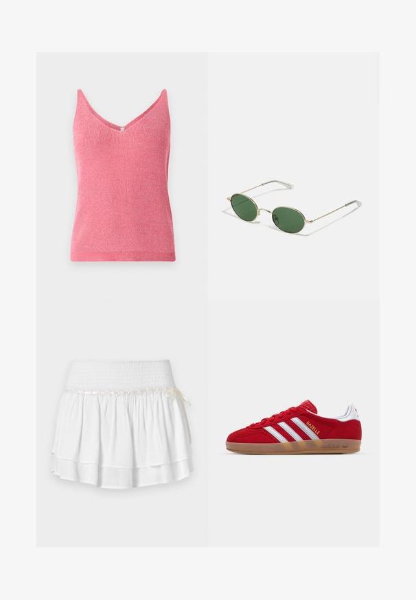 Rosa ermindrakt topp med V-halsdesign, laget av teksturert strikket stoff og ribbet nederkant. Lett og tettsittende, egnet for lagdeling.; Hvit lagdelt skjørt med elastisk midjebånd, med en teksturert smockingdetalj og en dekorativ båndaccent. Laget av bomull.; Rød semsket sneakers med hvit tre-stripes design og gull "Gazelle" tekst. Har en gummisåle og teksturert hæl.; Solsikker med gullramme og grønne ovale linser og tynne metalldeler. Har klare plasttupper på armene for økt komfort.
