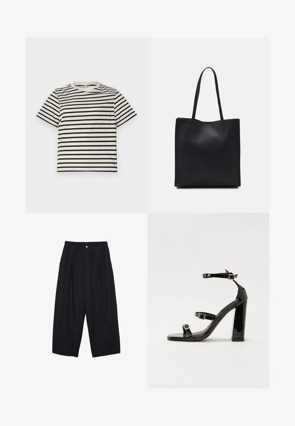 Striped T-shirt with a crew neck, made of lightweight cotton, featuring evenly spaced black and cream stripes, short sleeves, and a relaxed fit.; Black polyester culotte pants with an elastic waistband, two front pleats, and a loose silhouette. No visible patterns or hardware details.; Black patent heeled sandals with a square toe, ankle straps, and silver buckles. Features a chunky block heel for stability.; Black leather tote bag with smooth texture, rectangular shape, and two long handles. No visible hardware or embellishments.