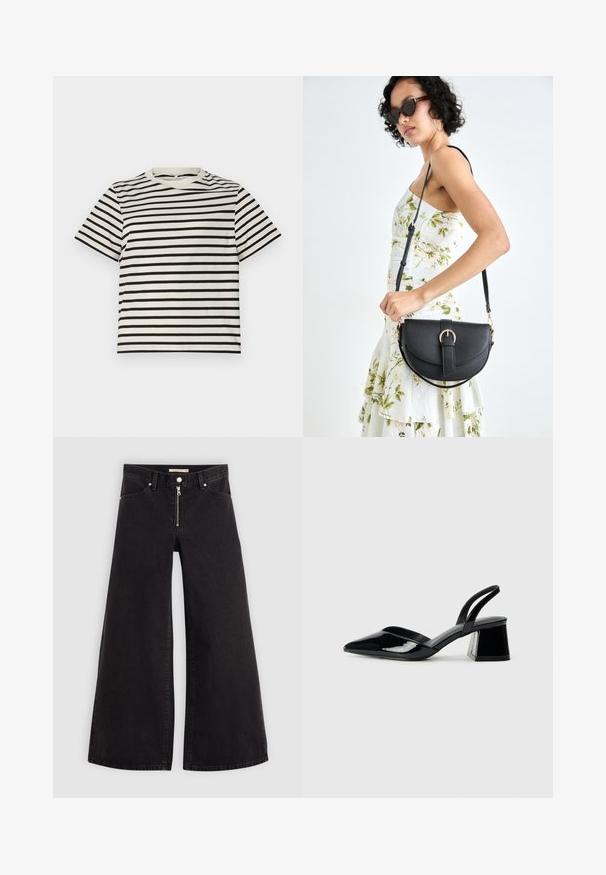 Juostuota marškinėliai su apvaliu kaklu, pagaminti iš lengvos medvilnės, su tolygiai išdėstytais juodais ir grietinėlės spalvos dryžiais, trumpomis rankovėmis ir laisvu siluetu.; Plačios kojų džinsai iš juodo džinsinio audinio su užtrauktuku priekyje, penkių kišenių dizainu ir subtiliais siuvinėjimo akcentais. Lygus paviršius ir laisvalaikio stilius.; Juodos lakuotos odinės šlepetės su smailiu pirštu ir geometriniu bloko kulnu. Turi elegantišką, minimalistinį dizainą ir lygų paviršių.; Juodas odinis krepšys su išlenkta forma, nuimamu dirželiu ir auksiniais detalėmis. Krepšys turi kilpą su sagtimi.