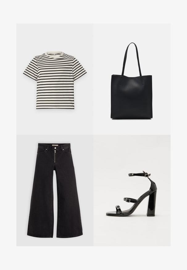 Gestreept T-shirt met een ronde hals, gemaakt van lichte katoen, met gelijkmatig verdeelde zwarte en crèmekleurige strepen, korte mouwen en een relaxte pasvorm.; Wijdvallende jeans van zwarte denim met een ritssluiting aan de voorkant, vijf zakken en subtiele stikdetails. Soepele textuur en casual stijl.; Zwarte gepatenteerde sandalen met hak en een vierkante neus, enkelbandjes en zilveren gespen. Heeft een stevige blokhak voor stabiliteit.; Zwarte leren handtas met een gladde textuur, rechthoekige vorm en twee lange handvaten. Geen zichtbare hardware of versieringen.