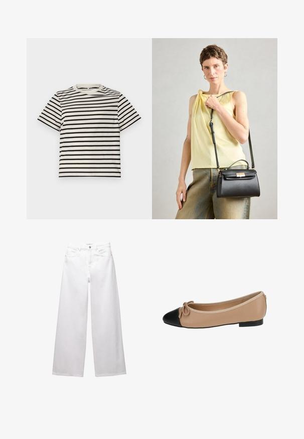 Polo majica s kratkimi rokavi in okroglim izrezom, izdelana iz lahkotnega bombaža, z enakomerno razporejenimi črnimi in smetanastimi črtami, ter sproščenim krojem.; Bele široke jeans hlače iz denima. Imajo gumbasto zapiranje, sprednje in zadnje žepe ter šivane šive. Gladka tekstura z minimalnimi detajli.; Balerinka iz bež usnja z črnim kapicom. Ima podrobnost z lokom spredaj in gladko teksturo. Nizka oblika z gumijastim podplatom.; Črna usnjena torbica s strukturiranim dizajnom, zgornjim ročajem in nastavljivim trakom. Gladka tekstura in podrobnost z zlatim sponko.