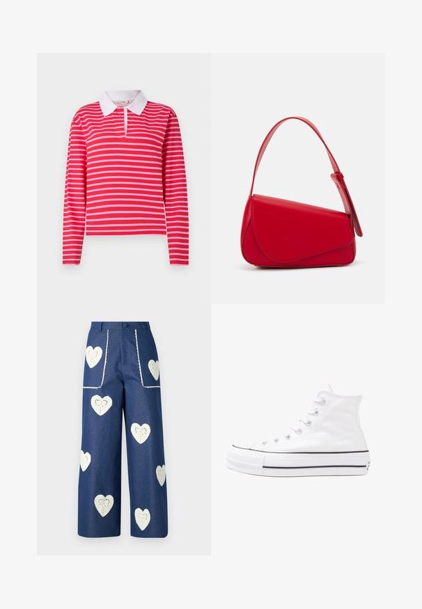 Rød og rose stripet langermet polo-skjorte med hvit krage og en hakkedetalj på halsen. Laget av et mykt, pustende stoff.; Sister Jane HEART TO HEART - Jeans straight leg - blue denim; Hvit høy-skinn kanvas sneakers med svart gummisåle, gummitåhette foran og seks hull for snorer, med et rent, minimalistisk design.; Rød lærveske med en vinklet, geometrisk design. Har en enkelt justerbar stropp og en klaffelukking med sydd detaljer.