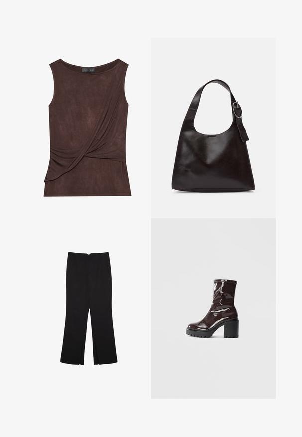 Brun ærmeløs top i let materiale med draperet design og sidelægn, rund halsudskæring og subtil tekstur.; Sorte bukser med lige pasform, der har frontlommer og slidser i kanten. Lavet af blødt, glat stof. Velegnet til forskellige anledninger.; Glatte burgunder ankelstøvler med en chunky sort hæl, der har en glat tekstur og et simpelt design. Ingen synlige lukninger eller mønstre.; Brun læder skuldertaske med en glat tekstur, rund form, bred rem og cirkulært metalaccent på håndtaget.