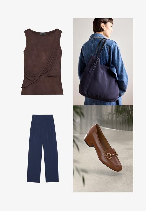 Brūna bezpiedurkņu blūze vieglā audumā ar drapējuma dizainu un sānu akcentu, ar apaļu dekoltē un smalku tekstūru.; Tumši zili platleņķa bikses, kas izgatavotas no mīksta auduma, ar priekšējo krokām, gludu tekstūru un taisnu piegriezumu bez redzamām kabatām.; Brūni lakoti ādas loaferi ar kvadrātu purngalu, metālisku ķēdes akcentu un zemu blokveida papēdi; gluda tekstūra, minimālisma dizains.; Jūras spēku kanvas plecu soma ar mīkstu, strukturēta formu, kas piedāvā melnu siksnu, izšūtu detaļu un nelielu zīmola birku.
