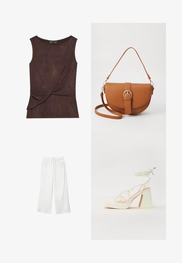 Vaatteet vaalea olkaimeton paita kevyestä kankaasta, jossa on laskostettu muotoilu ja sivuvarustus, pyöreä kaula-aukko ja hienovarainen tekstuuri.; Valkoiset leveälahkeiset housut pehmeästä kankaasta, jossa on kiristysnyöri vyötäröllä ja kaksi etutaskua. Sujuva rakenne ilman näkyviä kuvioita.; Valkoinen korkokenkä, jossa on paksu korko, ja joka sisältää nauhakiinnityksen ja nilkkaketjun. Sujuva pinta, jossa on platform-etupohja lisäkorkeutta varten.; Ruskean nahkainen olkalaukku, jossa on kaareva muoto, kultaiset yksityiskohdat ja solkiyksityiskohta. Varustettu irrotettavalla olkahihnalla.