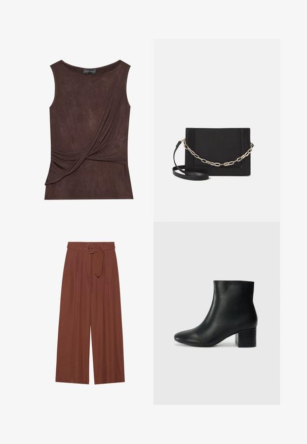 Brun, ermeløs topp i lett stoff med drapert design og sideakcent, rund hals og subtil tekstur.; Bredde bukser i brunt stoff, med belte med firkantet spenne, plisserte design og myk tekstur.; Sorte skinn ankelsko med spiss tå og chunky hæl. Glatt tekstur med minimale detaljer og et elegant, tettsittende design.; Svart lær crossbody-veske med glatt tekstur, rektangulær form og metallkjede detaljer på framsiden. Justerbar stroppe inkludert.