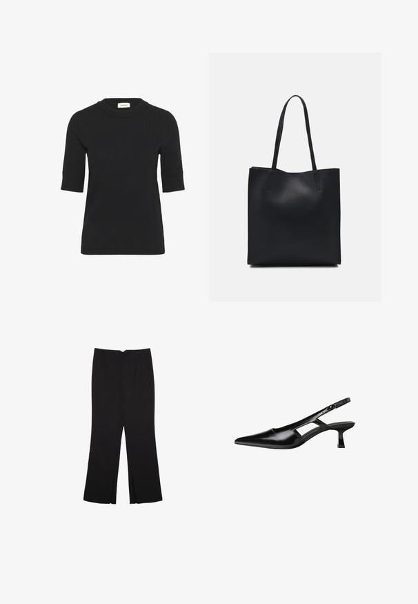 Crni kratki rukav pleteni top s rebrastom teksturom i okruglim izrezom. Ima uski kroj i suptilne detalje šivanja.; Crne hlače ravnog kroja, s prednjim džepovima i bočnim prorezima na rubu. Izrađene od mekog i glatkog materijala. Pogodne za razne prigode.; Crne lakirane natikače na remenčić sa špicastim nosom, dizajnom sa izrezima sa strane i malim kvadratnim potplatom. Glatka tekstura s minimalnim akcentima.; Crna kožna torba za nošenje s glatkom teksturom, pravokutnim oblikom i dvije duge ručke. Nema vidljivih metalnih dijelova ili ukrasa.