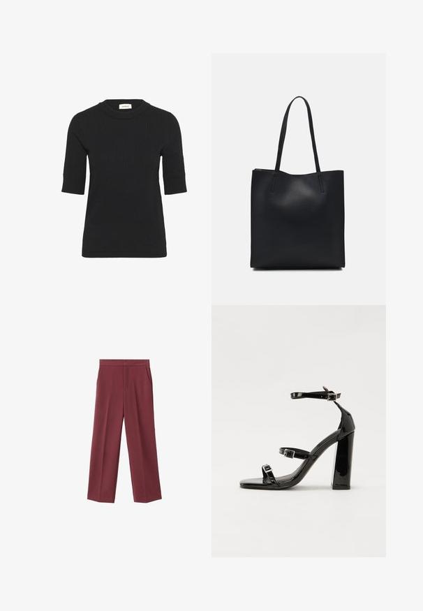 Črna kratka majica s kratkimi rokavi iz pletene tkanine z rebrastim teksturo in okroglim izrezom. Ima prilegajoč silhueto in subtilne šive.; Maroonske široke hlače z gladko teksturo, ki imajo stranske žepke in visok pas. Prilagojene z čistim sprednjim pregibom.; Črne lakirane sandale s peto, kvadratnim prstom, trakovi okrog gležnja in srebrnimi zaponkami. Opremljene so s stabilno Debelo peto.; Črna usnjena torba s svilnato teksturo, pravokotne oblike in dvema dolgima ročajema. Brez vidnih metalnih delov ali okrasnih elementov.