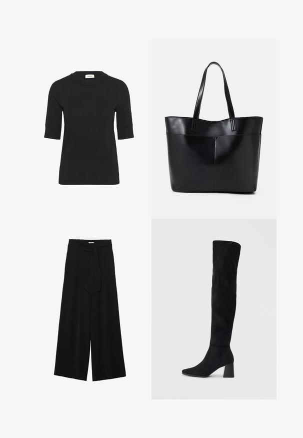 Zwarte korte mouwen gebreide top met een ribbel structuur en een ronde hals. Heeft een aansluitende snit en subtiele stikdetails.; Zwarte wijde broek van textuurstof, met een elastische tailleband en een afneembare sjaalstrik in de taille voor een verstelbare pasvorm.; Zwarte suède kniehoge laars met blokhak, spitse neus en een glad, naadloos ontwerp op een effen lichte achtergrond.; Zwarte leren tote bag met twee lange handvatten, een zachte textuur en een gestructureerde vorm. Voorzien van een voorvak voor extra opslagruimte.