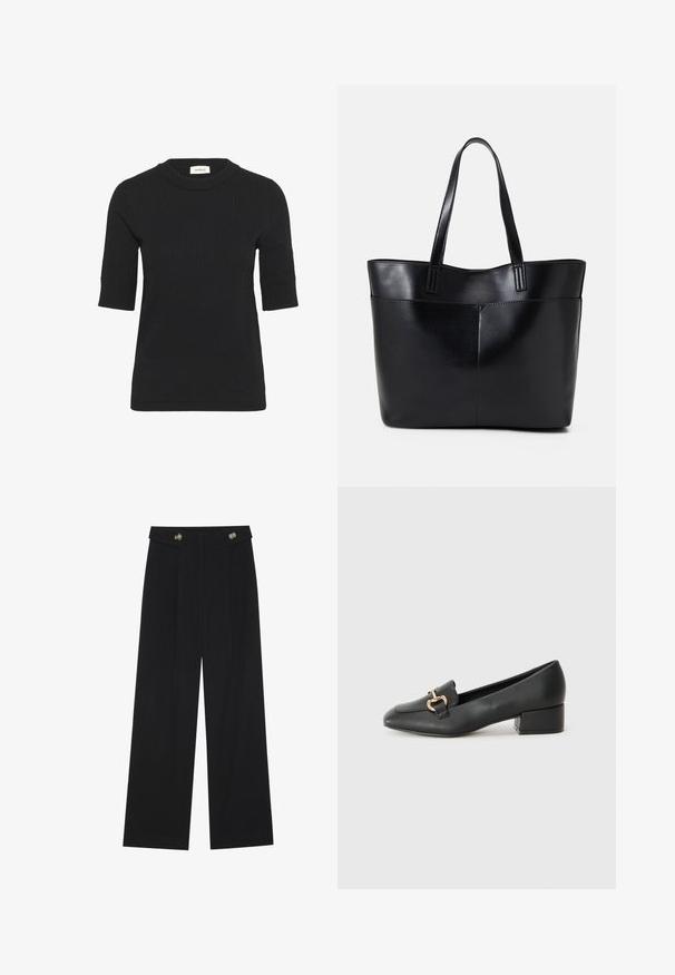 Czarna krótka bluzka dzianinowa z prążkowaną teksturą i okrągłym dekoltem. Charakteryzuje się dopasowanym krojem i subtelnymi detalami szycia.; Czarne szerokie spodnie z wysokim stanem, z detalami w postaci guzików na pasku oraz plisami z przodu.; Czarne skórzane loafersy z płaskim obcasem, z ozdobnym złotym detalem z przodu i gładką fakturą.; Czarna skórzana torba na ramię z dwoma długimi uchwytami, gładką teksturą i sztywną formą. Posiada przednią kieszeń dla dodatkowego przechowywania.