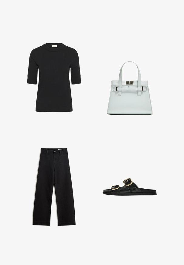 Crop top tricotat negru cu mânecă scurtă, cu textura striată și decolteu rotund. Dispune de o siluetă ajustată și detalii subtile de cusătură.; Pantaloni din denim negri cu picioare largi, cu talie înaltă, având buzunare frontale și posterioare, cusături dublate și închidere cu nasture. Textură netedă.; Sandalie negre cu toc plat, cu două accente de cataramă aurie, din material texturat neted și design minimalist.; Geantă de mână de culoare albastru deschis, cu un design structurat, două mânere și o clapetă din metal cu ton argintiu. Material texturat și colțuri ascuțite.