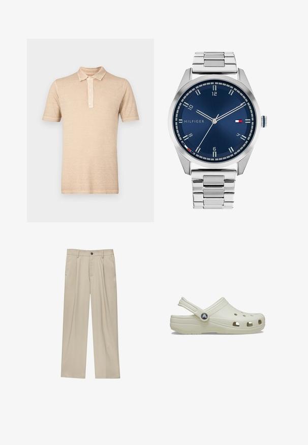 Beżowa koszulka polo z krótkim rękawem, z plastronem na trzy guziki oraz teksturowanym wykończeniem materiału. Casulowy design z klasycznym kołnierzykiem.; Beżowe spodnie o prostym kroju, z pojedynczym czarnym guzikiem, szlufkami na pasek oraz bocznymi kieszeniami. Gładka faktura materiału i minimalistyczny design.; Jasnokremowy gumowy klapek z tylnym paskiem, otworami wentylacyjnymi, teksturowanym wierzchem i podniesionymi brzegami. Zawiera okrąły akcent logo po boku.; Srebrny zegarek metalowy z satynową niebieską tarczą, białymi znacznikami godzin oraz wyświetlaczem daty. Posiada ogniwowy metalowy pasek i logo marki.