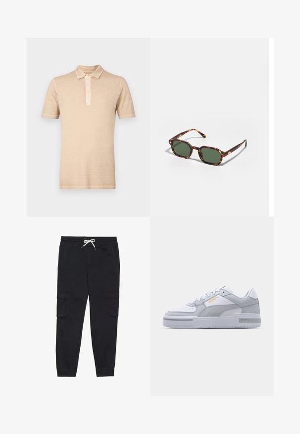 Beige poloskjorte med korte ermer, en stolpe med tre knapper og en teksturert stofffinish. Uformelt design med klassisk krage.; Sorte cargo bukser laget av bomull, med elastisk liv med snøring, sidelommer og smalnet cuffs.; Grå og hvite sneakers med glatt skinnøvre, perforert tå, snøring, teksturerte detaljer og en diskret gulllogo.; Skilpaddeskall solbriller med grønne linser, i en oktagonal form og slanke, buede stenger. Materialet har en blank finish.