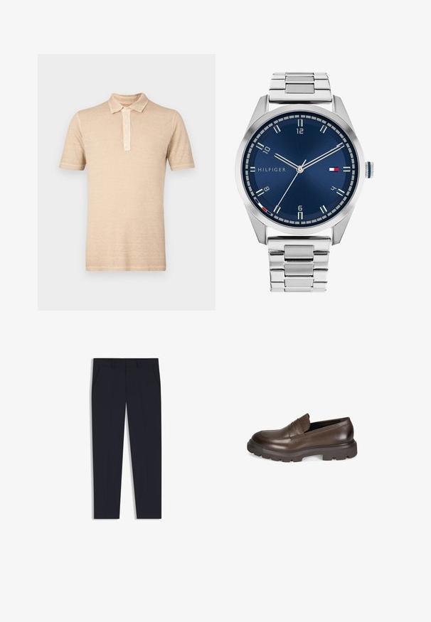 Beige polo-shirt met korte mouwen, een knoopsluiting met drie knopen en een textuurafwerking. Casual ontwerp met een klassieke kraag.; Marineblauwe broek met een getailleerde pasvorm, voorzien van twee voorkruiden, een vlakke voorkant en een gladde textuur. Geen zichtbare patronen of versieringen.; Desa Instappers - brown; Zilveren metalen horloge met een geborstelde blauwe wijzerplaat, witte uurmarkeringen en een datumweergave. Voorzien van een geschakelde metalen band en het logo van het merk.