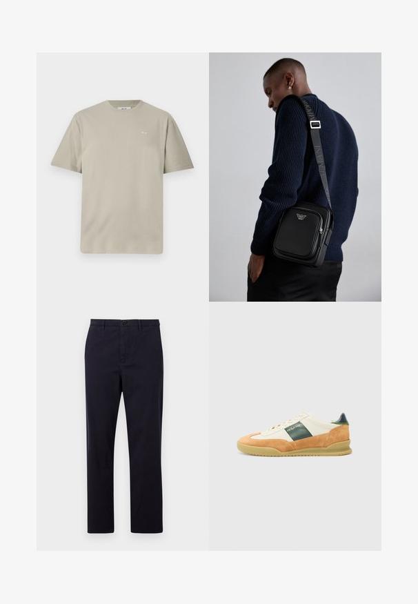 Lys taupe bomulls t-skjorte med korte ermer, rund halslinning og en liten trykt logo på venstre brystområde. Myk, glatt tekstur.; PS Paul Smith TROUSER - Chinos - dark blue; Hvite og lysebrune treningssko laget av semsket skinn og lær. Grønn aksentstripe, gummisåle og minimal merkevare i gull på siden.; Svart lær crossbody-veske med en glidelåslomme, logo-detalj og justerbar rem med merke. Båret mot en teksturert marineblå genser.
