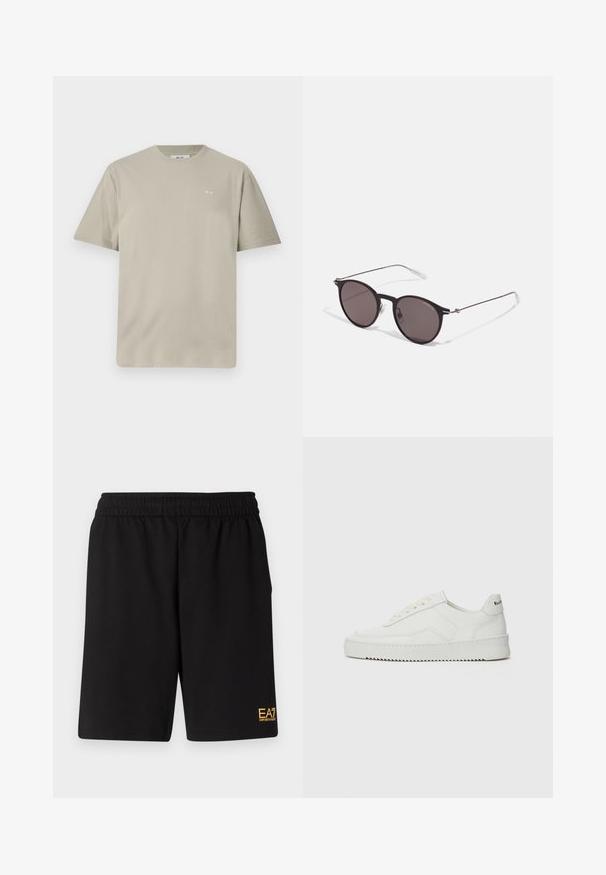 T-shirt de algodão taupe claro com mangas curtas, gola redonda e um pequeno logótipo impresso na área do peito esquerdo. Textura suave e lisa.; Calções desportivos pretos feitos de um tecido suave, com um cós elástico e um pequeno logótipo amarelo EA7 na parte inferior da perna esquerda.; Sapatilha de couro branco com acabamento suave, bico redondo, atacadores planos e uma sola texturizada. Apresenta um logotipo discreto no calcanhar.; Óculos de sol redondos pretos com lentes escuras e hastes metálicas finas. Inclui pontas de templo transparentes e detalhes em prata na dobradiça. Design minimalista.