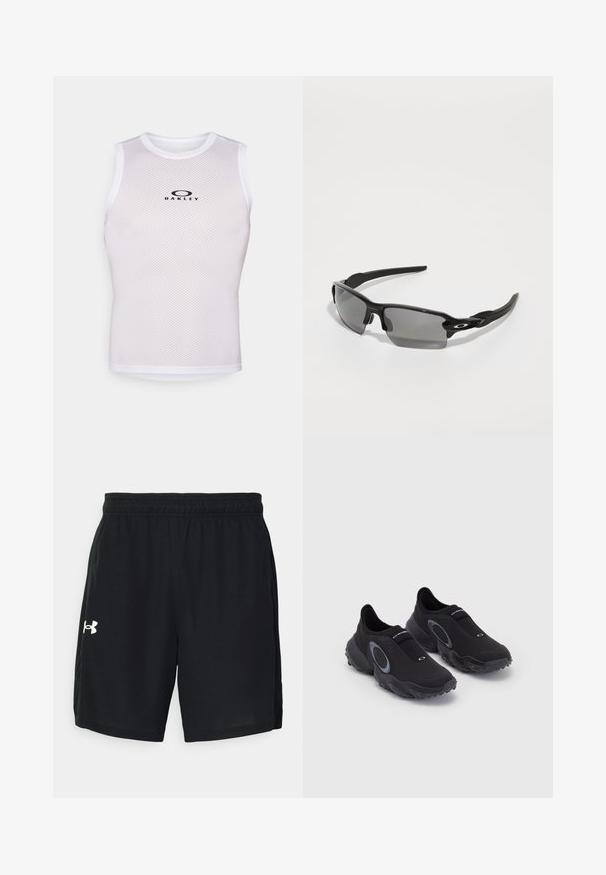 Biała, siateczkowa bluzka bez rękawów z okrągłym dekoltem, z czarnym logo z przodu. Tkanina ma teksturowany, oddychający wygląd.; Czarne sportowe szorty z lekkiego materiału, z elastycznym pasem w talii i białym logo po lewej stronie.; Czarne mokasyny sportowe z teksturowaną cholewką i gumową podeszwą. Posiadają szary okrągły akcent oraz elastyczny pasek na podbiciu dla lepszego dopasowania.; Czarne sportowe okulary przeciwsłoneczne z szarymi soczewkami, zakrzywioną konstrukcją ramy i detalem z logo z boku. Wykonane z lekkiego materiału plastikowego.