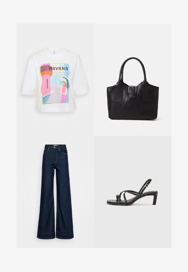 Hvit bomulls T-skjorte med et fargerikt Havana-mønster som inkluderer en stilisert figur, arkitektoniske elementer og fet tekst, som gir en avslappet passform.; Mørkeblå høyt liv vide jeans med frontlommer, beltehemper, knappelukking og synlig søm på hvit bakgrunn.; Sorte sandaler med stropper, firkantet tå og lav blokk hæl. Har flere tynne stropper og en justerbar ankelstropp. Laget av glatt lær.; Svart skinn toteveske med jevn tekstur, strukturert form, to håndtak og en fremtredende sølvspenne foran.