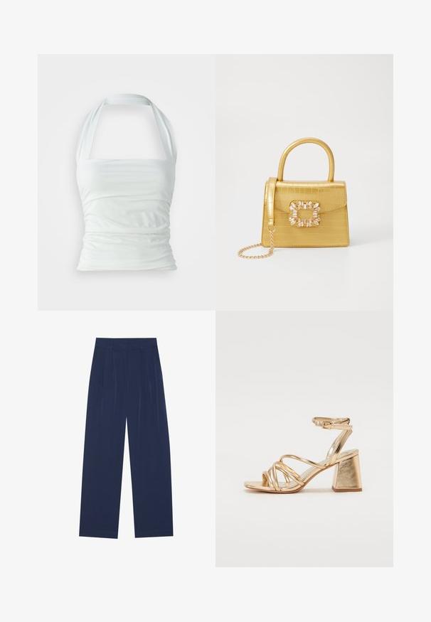 Balts halter top, izgatavots no gludas auduma, ar savākšanas detaļām un pieguļošu korpusu, plašas siksnas, kas iznāk no kakla.; Tumši zili platleņķa bikses, kas izgatavotas no mīksta auduma, ar priekšējo krokām, gludu tekstūru un taisnu piegriezumu bez redzamām kabatām.; Zelta metāla papēžu sandales ar siksnu dizainu, kvadrātveida bloku papēdi un regulējamu potītes siksnu ar sprādzi. Gluda tekstūra.; Dzeltena mākslīgā krokodila roku soma ar strukturētu dizainu, augšējo rokturi, noņemamu ķēdes siksniņu un dekoratīvām kristāla rotājumiem aizdares daļā.