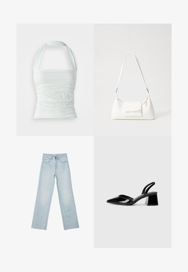 Biały top na halter ze gładkiego materiału, z marszczonymi detalami i dopasowanym korpusem, z szerokimi ramiączkami przechodzącymi od dekoltu.; Jasnoniebieskie dżinsy o szerokich nogawkach wykonane z denimu. Posiadają pięć kieszeni, zapięcie na guzik i przecierane detale. Klasyczny prosty krój z luźnym dopasowaniem.; Czarne lakierowane półbuty na obcasie z wydłużonym noskiem i geometrycznym słupkiem. Charakteryzują się eleganckim, minimalistycznym designem oraz gładką fakturą.; Biała syntetyczna torba o trójkątnym kształcie, płaskim przednim klapce i detalach w postaci kokardy, regulowanym pasku, gładkiej fakturze oraz minimalistycznym designie.