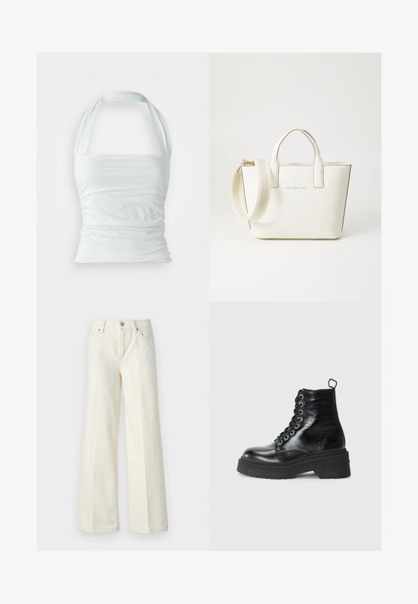White halter top made of smooth fabric, featuring gathered detailing and a fitted bodice, with wide straps extending from the neckline.; Wide-leg white jeans made from cotton blend fabric. Features a zipper fly, five-pocket design, and stitching along the seams.; Black ankle boots with a glossy finish, featuring a chunky platform sole and lace-up design, prominently displaying the brand "TOMMY."; White faux leather handbag with short handles, adjustable shoulder strap, and gold-toned hardware; features a subtle logo on the front.