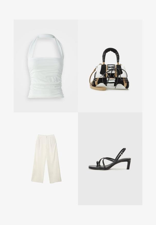 Bílý halter top vyrobený z hladké látky, který má nařasené detaily a vypasovaný korzet, s širokými ramínky vycházejícími z výstřihu.; Široké kalhoty z krémové látky s hladkým povrchem, s jediným předním knoflíkem, jemnými skladbami a vysokým pasem.; Černé sandály na tenkém podpatku se čtveratou špičkou a nízkým blokovým podpatkem. Mají několik tenkých popruhů a nastavitelné zapínání okolo kotníku. Vyrobeny z hladké kůže.; Vícebarevná kabelka s černou, bílou a béžovou síťovinou. Obsahuje texturovanou rukojeť, design na šněrování a odnímatelný popruh přes rameno.