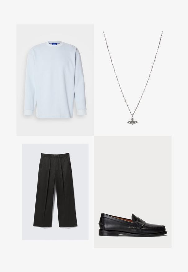 Világoskék, hosszú ujjú pulóver, textúrált anyagból készült. Környakú, bordázott mandzsettákkal rendelkezik, és a galléron látható a márka logója.; Fekete, bő szárú nadrág sima textúrával, két elülső zsebbel és enyhén megemelt derékkal.; Fekete bőr mokaszin lekerekített orral, varrott részletezéssel és díszes pánttal az elején. Lapos talp minimalista profilal.; Ezüst lánc nyaklánc, részletes, bolygó formájú medállal, kicsi díszítőelemekkel és összetett mintákkal díszítve.