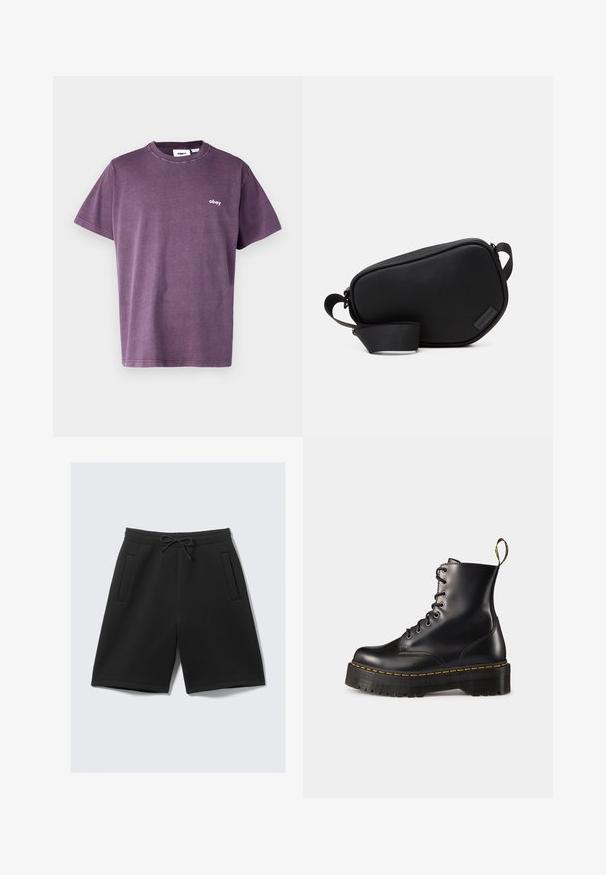 Obey Clothing LOWERCASE TEE UNISEX - T-shirts - pigment plum perfect; Sorte idrettsshorts laget av mykt stoff, med elastisk liv med snor, og to frontlommer. Jevn tekstur, kne-lengde klipp.; Svart lær snørebånd ankelskinnsko med en kraftig svart såle og gule sting. Har en pull-tab bak og runde metalløyer.; Svart, glidelåslukket crossover-veske laget av glatt materiale, med en flat form, en enkel stropp og en liten logo-detalj. Minimalistisk design.