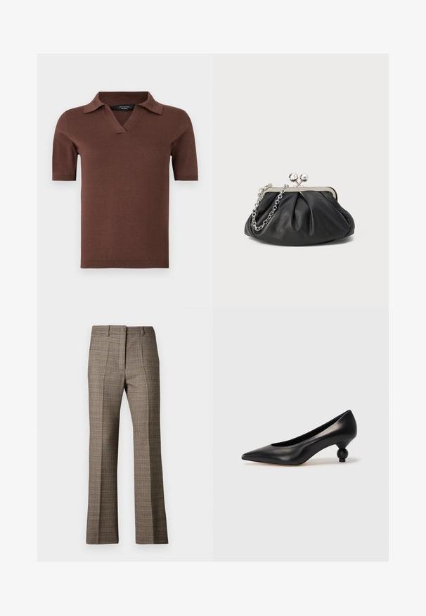 Ruskea lyhythihainen polo-paita, jossa on V-pääntie ja kaulus. Paita on valmistettu pehmeästä neulemateriaalista, jolla on sileä rakenne. Yksinkertainen ja moderni muotoilu.; Ruske rućaste hlače s ravnim krojem, izrađene od teksturirane tkanine i s suptilnim bojama bež i tamnijih smeđih tonova kroz uzorak.; Musta nahkakengät korkealla korolla, joissa on terävä kärki ja pyöreä, pallomainen korko. Sileä pinta ja tyylikäs, minimalistinen muotoilu.; Mustan nahkainen clutch, jossa on rypistetty rakenne, hopeanvärinen metallikehys, suukko-lukko ja ketjuhihna. Sileä, pehmeä pinta.