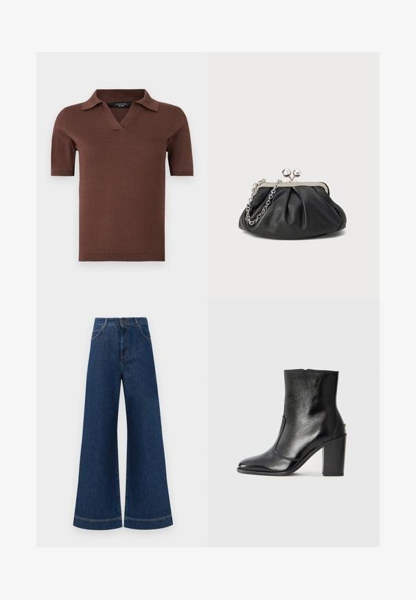 Brown short-sleeve polo shirt featuring a V-neck and a collar, made of soft knit material with a smooth texture. Simple and modern design.; Wide-leg blue denim jeans with a high waist, featuring a button closure, belt loops, and subtle stitching details along the pockets and hems.; Black leather ankle boot with a smooth texture, pointed toe, and a chunky high heel. Features a side opening and minimalistic design.; Black leather clutch with gathered texture, silver-tone metal frame, kiss-lock closure, and chain strap. Smooth, soft surface.
