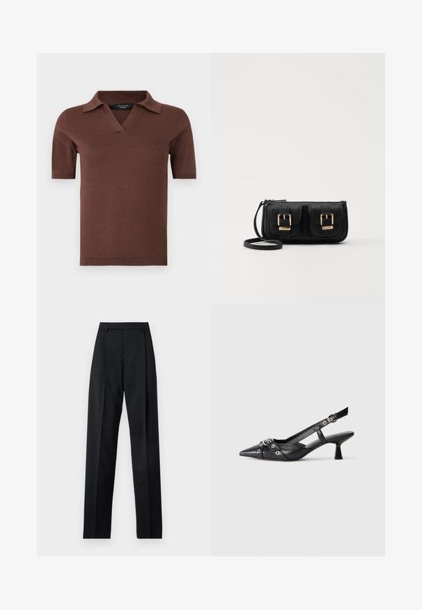 Hnedé polo tričko s krátkym rukávom, ktoré má véčkový výstrih a golier, vyrobené z mäkkej pleteniny s hladkou textúrou. Jednoduchý a moderný dizajn.; Čierne nohavice vyrobené z hladkej látky s vysokým pásom, širokými nohavicami, prednými záhybmi a klasickými pútkami na opasok. Žiadne bočné vrecká nie sú viditeľné.; Čierne kožené slingback topánky s špicatou špičkou, ozdobnými popruhmi s kovovými očkami a nízkym blokovým podpätkom. Textúrovaný povrch.; Čierna kožená crossbody taška s dvoma prednými vreckami, zlatými sponami, zipsovým uzatváraním a úzkym popruhom. Štruktúrovaný povrch a kompaktný obdĺžnikový tvar.