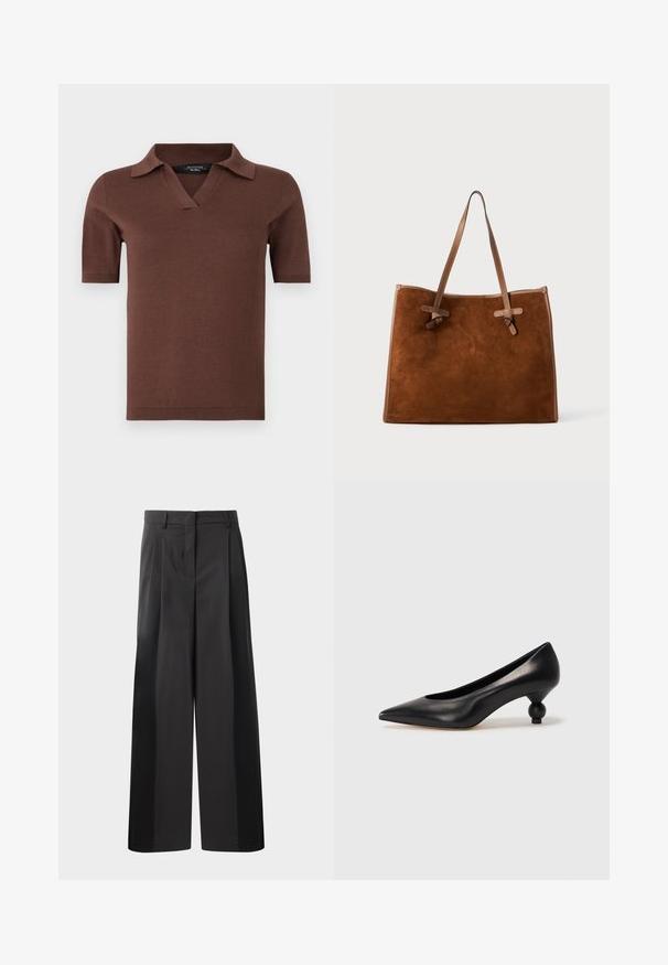 Pruun lühikeste varrukatega polo särk, millel on V-kaelus ja krae, valmistatud pehmest trikookangast, millel on sile tekstuur. Lihtne ja moodne disain.; Mustad laiad püksid kõrge vöökohaga, millel on ees voldid, sile tekstuur ja õmmeldud viimistlus. Kujundatud lõdva istuvuse saavutamiseks.; Must musta kõrge kontsaga king, millel on terav nina ja ümar, pallikujuline konts. Sile pind ja elegantne, minimalistlik disain.; Pruun suede kott kahe nahkhaarakaga, lame kuju, õmblustega detailid ning sõlmeelement külgedel. Nähtavaid sulgureid pole.