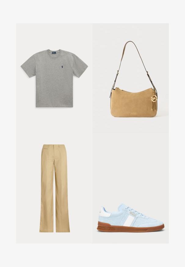 Grå bomull T-skjorte med rund hals, korte ermer og en liten blå brodert hestegenser på venstre bryst.; Beige vidde buks laget av glatt bomull, med en klassisk midje og baklomme, med rett snitt og minimal detailing.; Lys blå mokkasinsneaker med en hvit stripe, gummisåle og logodetalj. Flate lisser og polstret tunge øker komforten.; Brun suède skulderveske med buet fasong, gullfarget hardware og glidelås. Har en vedlagt charm med initialene "MK."