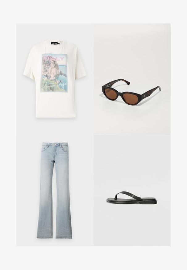 Hvit bomulls T-skjorte med et fargerikt grafisk trykk av en italiensk kystlandsby med teksten "ITALIA" og "Antico borgo" under.; Lys blå denim flared jeans med en falmet finish, fem lommer og knappelukking. Stoffet har en jevn tekstur og liten strekk.; Sorte flip-flop laget av glatt lær, med en tynn stroppdesign og en flat såle med et minimalistisk utseende. Ingen bemerkelsesverdige mønstre eller aksenter.; Svart skjellmønstret solbriller med brune linser, kantete design og brede stenger med en subtil logo detalj. Glatt plastoverflate.