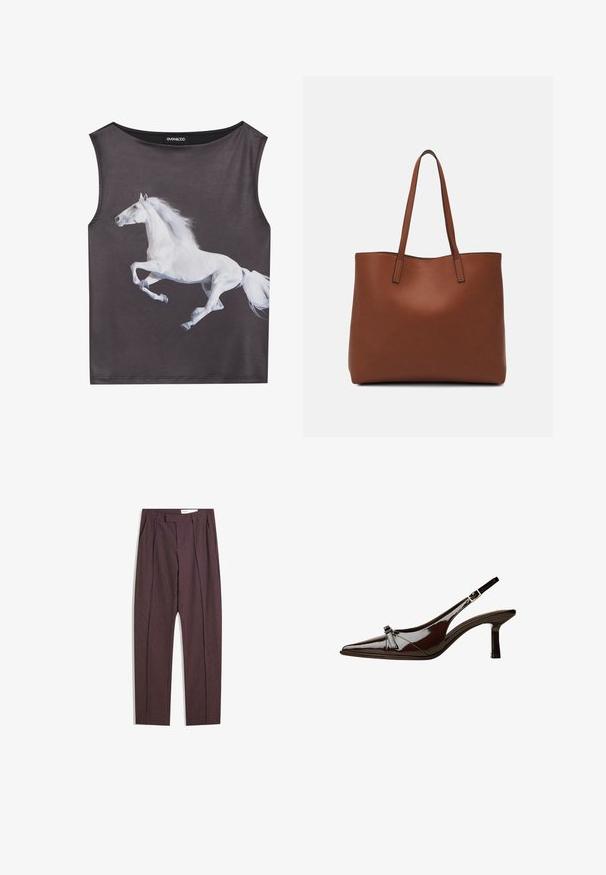 Sleeveless top in gray fabric featuring a white, running horse graphic. Round neckline with a smooth texture and seamless edges.; Purple striped trousers with pleats, featuring a high waist and straight-leg design. Made from a smooth, textured fabric.; Brown patent leather slingback shoe with pointed toe, low heel, and a decorative bow accent on the front. Smooth, shiny texture.; Brown leather tote bag with a smooth texture, open top design, and two shoulder straps. Features minimal stitching and no visible hardware.