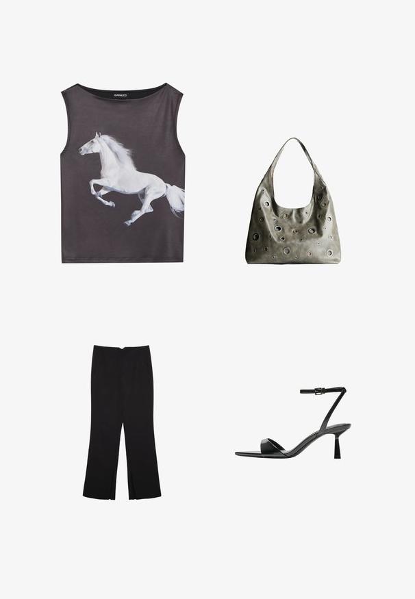 Sømløs, ærmeløs top i gråt stof med et grafisk motiv af en hvid, løbende hest. Rund halsudskæring med en glat tekstur og usynlige kanter.; Sorte bukser med lige pasform, der har frontlommer og slidser i kanten. Lavet af blødt, glat stof. Velegnet til forskellige anledninger.; Bershka Højhælede sandaletter / Højhælede sandaler - black; Oliven grøn læderhåndtaske med et slouchy design, der har forskellige størrelser af cirkulære udskæringer og accenter i mørkere og lysere nuancer.
