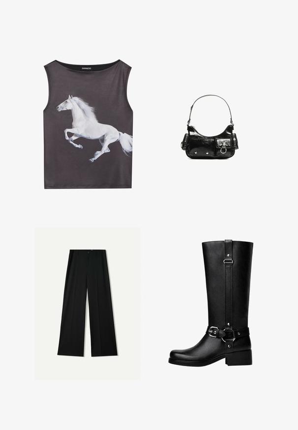 Bezrukávový top v sivej látke s grafikou behúceho koňa v bielej farbe. Okrúhly výstrih s hladkým povrchom a bezšvovými okrajmi.; Bershka WIDE - Nohavice - black; Vysoké čierne botas z umelého koženého materiálu s okrúhlou špičkou, detailom s prackou na opasku a hrubým podpätkom. Hladká textúra a vertikálny šev na nohavici.; Čierna laková kožená kabelka s ohnutým tvarom, jedným ramenným popruhom, prednými vreckami a striebornými kovovými doplnkami.