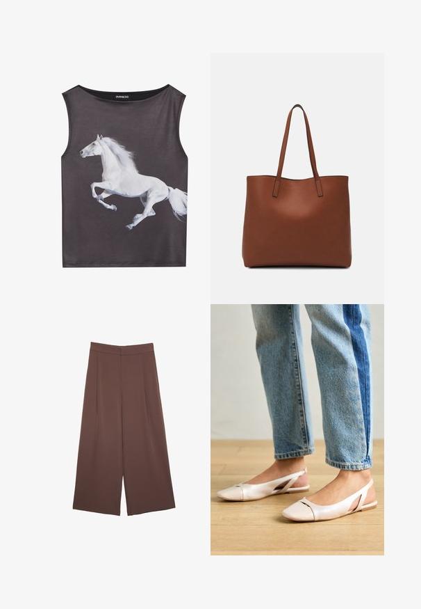 Bezramkowy top w szarym materiale z grafiką przedstawiającą biegnącego konia w białym kolorze. Okrągły dekolt o gładkiej fakturze i bezszwowych krawędziach.; Brązowe spodnie o szerokich nogawkach z gładką fakturą, z wysokim stanem i plisami z przodu. Materiał jest lekki i luźno opada.; Jasnoróżowe baleriny na odkrytej pięcie z wąskim noskiem, wykonane z gładkiego materiału imitującego skórę. Posiadają wycięcia po bokach oraz płaski obcas.; Brązowa skórzana torba tote o gładkiej fakturze, z otwartym wierzchem i dwoma ramiączkami. Charakteryzuje się minimalnym przeszyciem i brakiem widocznych elementów metalowych.