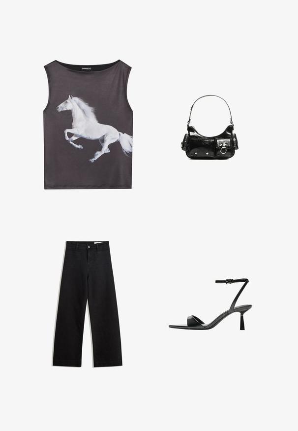 Hihaton toppi harmaasta kankaasta, jossa on valkoinen, juokseva hevonen graafisena kuvana. Pyöreä pääntie, jossa on sileä pinta ja saumattomat reunat.; Mustat leveät farkut korkealla vyötäröllä, joissa on etu- ja takataskut, ommellut saumat ja nappisuljenta. Silkinoinen rakenne.; Bershka Korolliset sandaalit - black; Mustekko mustasta kiiltonahasta valmistettu käsilaukku, jossa on kaareva muoto, yksi olkahihna, etutaskut ja hopeanväriset yksityiskohdat.