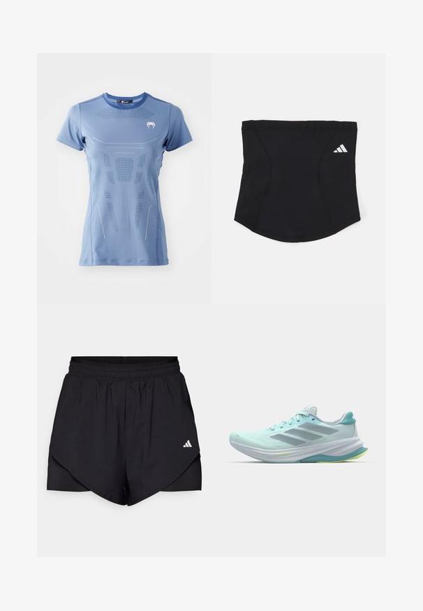 Lys blå idretts T-skjorte med korte ermer, rund hals, teksturerte mønstre og reflekterende hvite detaljer. Mykt, lett materiale.; Svarte sportsshorts med lagdelt design, laget av lett materiale. Har elastisk liv og en liten hvit logo på siden.; Lyseblå treningsko med mesh-overdel, grå aksentstriper og en polstret hvit såle med et grønt lag under.; Svart atletisk hodebånd med en glatt tekstur, buet form og elastisk topp. Har en liten hvit Adidas-logo på siden.