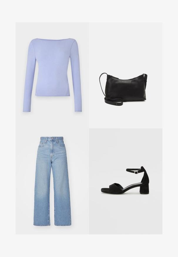 Maglietta a maniche lunghe di colore viola chiaro con scollatura a barca, design aderente, texture liscia e orlo dritto.; Jeans a vita alta blu chiaro con gamba larga, chiusura frontale con bottone e zip, tasche anteriori e posteriori, su uno sfondo bianco.; Sandali con tacco in suede nero, con una sottile fascia alla caviglia, design open toe e un discreto tacco a blocco. Texture liscia e decorazioni minime.; Borsa a spalla in pelle nera con una texture liscia, forma curva, tracolla regolabile e chiusura con zip. Design minimalista senza ornamenti.