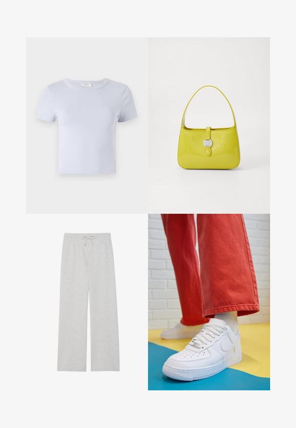 Šviesiai mėlyna trumpomis rankovėmis marškinėliai su apvalia iškirpte, pagaminti iš minkštos medžiagos; pasižymi prigludusia forma ir subtiliomis siuvimo detalėmis.; Šviesiai pilki sportiniai kelniukai, pagaminti iš minkštos medvilnės mišinio, su plačiomis sijono formos kojomis, elastingu juosmeniu su reguliuojamu raiščiu ir be kišenių.; Baltos odinės kedų sportbačiai su perforuotu pirštu, tekstūruota pado dalimi ir baltais raišteliais, derinami su plačiomis raudonomis kelnėmis ir mėlynos bei geltonos spalvų fono kompozicija.; Geltonas blizgus odinis rankinės krepšys su struktūrizuota forma, viršutine rankena ir priekiniais užsegimais, kuriuose yra apvalus metalinis logotipas.
