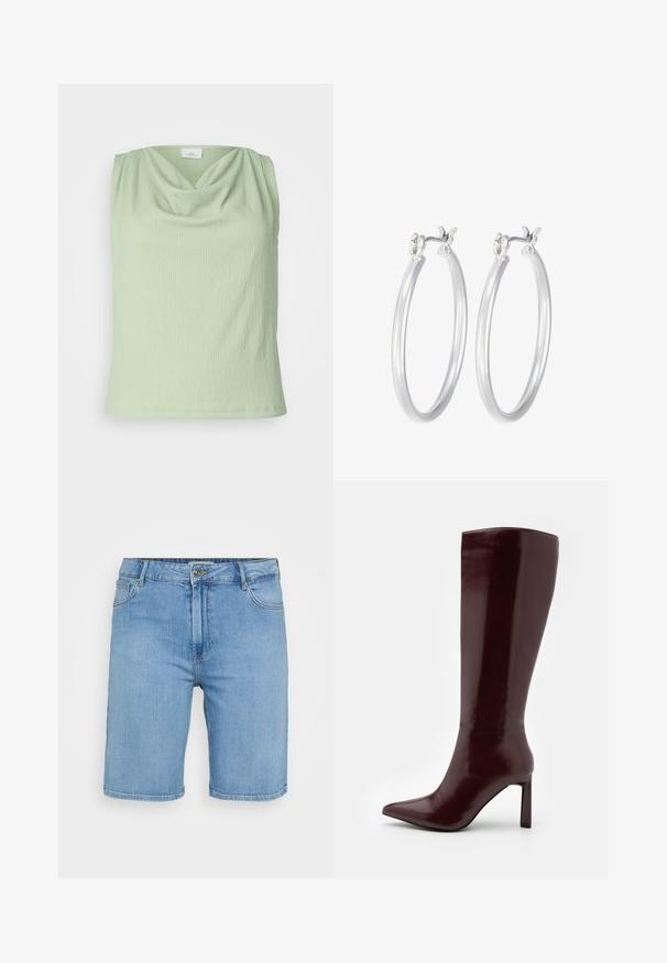 Svetlozelen zgornji del brez rokavov s cowl izrezom, izdelan iz teksturirane tkanine. Ima prilegajoč obliko in gladek rob.; Svetlo modra denim srajca s kratkimi rokavi, ki ima dva sprednja žepka in je okrašena z majhnimi srebrnimi žebljički.; Svijetloplave traper šorts hlače klasičnog kroja, s prednjim zatvaranjem na dugme, petljama za remen i dva bočna džepa. Glatka tekstura i ravni rub.; Even&Odd Škornji - dark red; Srebrni obroči za ušesa z gladko, polirano površino. Okrogla oblika in varna zaponka s klikom. Lahka zasnova, primerna za vsakodnevno nošenje.