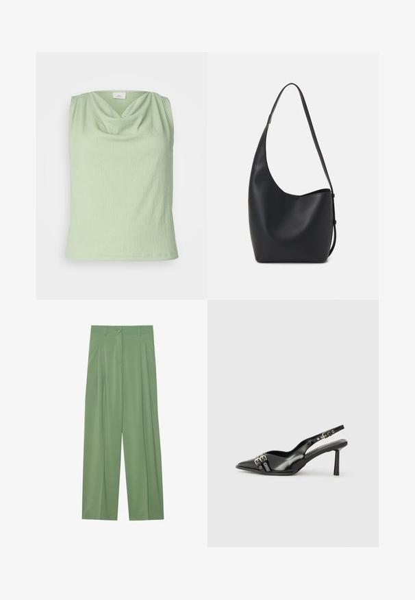 Lys grønn ermeløs topp med cowl-hals, laget av teksturert stoff. Har en tettsittende fasong og glatt nederkant.; Grønne vide bukser laget av glatt stoff. Har folder foran, en enkelt knappelukking og beltehemper.; Sorte patentlær slingback-sko med spiss tå, ankelremmer med sølvspenner og detaljer, og en slank hæl.; Svart lær hobo-veske med glatt tekstur, buet form og enkelt justerbart stropp; har en bred åpning på toppen.