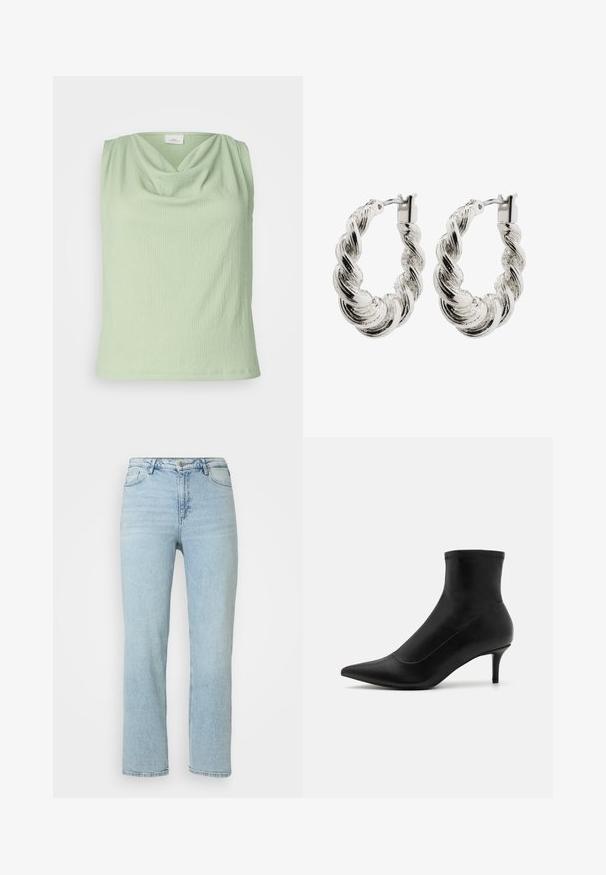 Gaiši zaļa bezpiedurkņu blūze ar cowl dekoltē, izgatavota no teksturēta auduma. Ievērojams ar pieguļošu formu un gludu apakšmali.; Gaiši zilas taisnas kājas džinsi ar priekšējo pogu un rāvējslēdzēju, jostu cilpiņām un klasisko piecu kabatu dizainu.; Melnas potītes zābaki, kas izgatavoti no gludas ādas ar norādītu pirkstu un īsu, plānu papēdi. Iezīmējas bez šuvju dizains un smalkas šuvju akcenti.; Sagriezti sudraba auskari ar spīguļojošu apdari, ar pītām tekstūrām un drošu pērlītes aizdari.