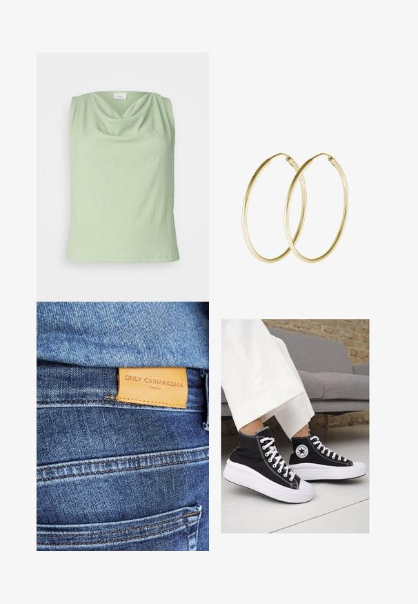Svetle zelená bezrukávová blůza s cowl výstřihem, vyrobena z texturované látky. Má přiléhavý střih a hladký lem.; Modré denimmové džíny s hnědou koženou etiketou s nápisem "ONLY CARMKOMA Denim", viditelným šitím a detailem boční kapsy.; Černé vysoké plátěné tenisky s bílými gumovými podrážkami a tkaničkami. Na boku mají kulaté logo a kontrastní bílé švy.; Zlaté kruhové náušnice s hladkým, zaobleným designem a lesklým povrchem. Lehké provedení s bezpečným zapínáním.
