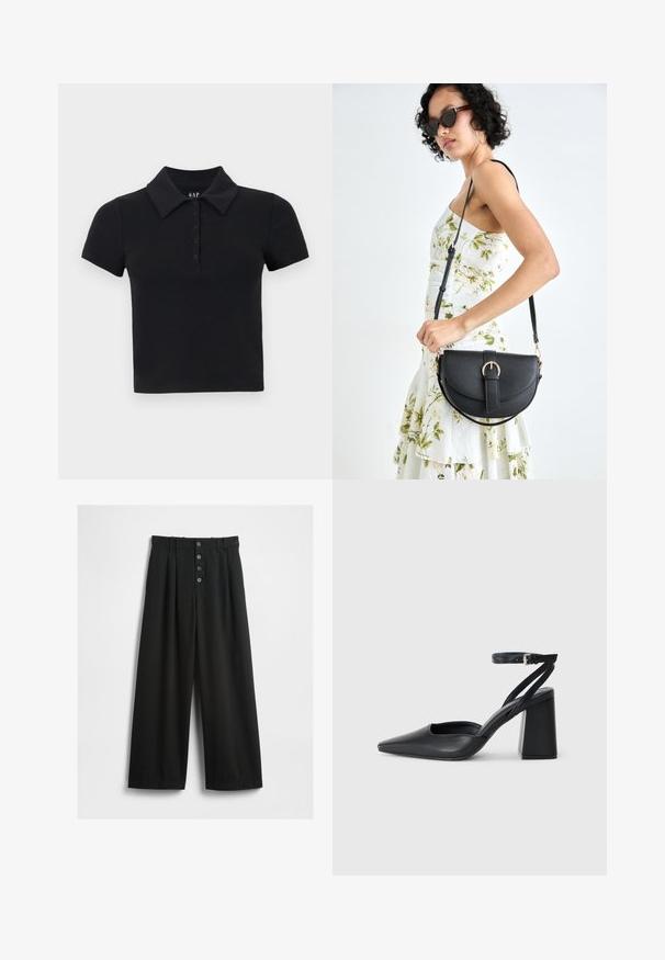 Schwarzes Kurzarm-Polohemd mit Kragen, mit einer durchgeknöpften Blende und weichem, strukturiertem Baumwollstoff. Markenlogo im Krageninnenteil angebracht.; Schwarze weit geschnittene Hosen aus einem strukturierten Stoff. Sie verfügen über eine hohe Taille, einen fünfknöpfigen Frontverschluss und gepresste Falten für zusätzliche Details.; Schwarze Leder-Pumps mit spitzer Zehe, einem Knöchelriemen und einem blockigen Absatz. Flache Textur, elegantes Design und minimalistische Ästhetik.; Schwarze Lederhandtasche mit geschwungener Form, abnehmbarem Tragegurt und goldenen Beschlägen. Die Tasche verfügt über einen Deckel mit einer Schnallen-Details.