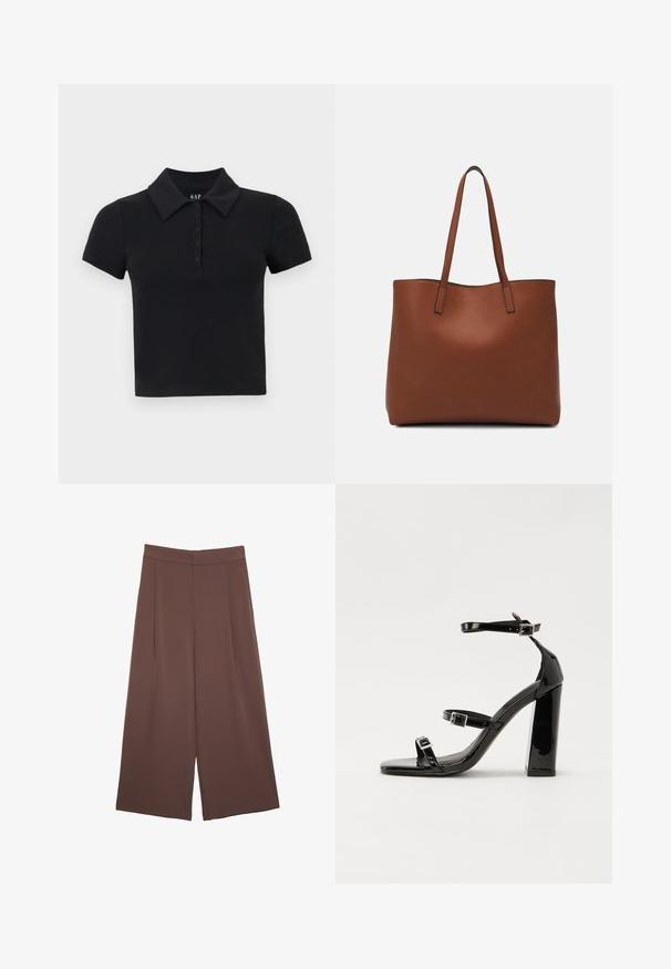 Schwarzes Kurzarm-Polohemd mit Kragen, mit einer durchgeknöpften Blende und weichem, strukturiertem Baumwollstoff. Markenlogo im Krageninnenteil angebracht.; Braune Weite-Leg-Hosen mit einer glatten Textur, hoher Taille und Vorderfalten. Der Stoff ist leicht und fällt locker.; Schwarze patentierte Sandalen mit Absatz, quadratischer Spitze, Knöchelriemen und silbernen Schnallen. Mit einem stabilen Blockabsatz für mehr Stabilität.; Braune Leder-Tote mit glatter Textur, offenem Oberteil und zwei Schulterriemen. Verfügt über minimale Nähte und keine sichtbaren Beschläge.
